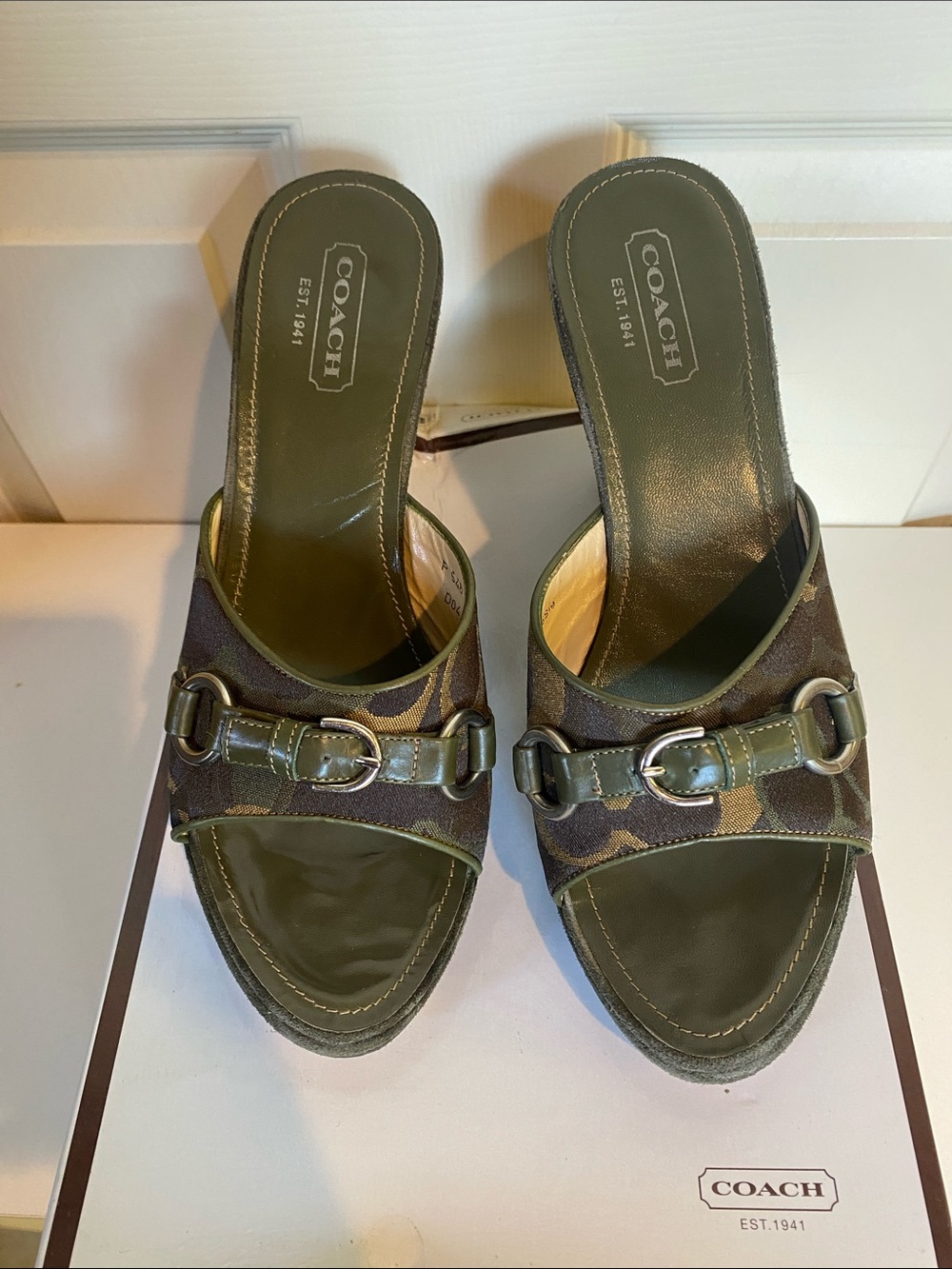 COACH Olive Signature Canvas Slide Mules with Buckle Detail Rare